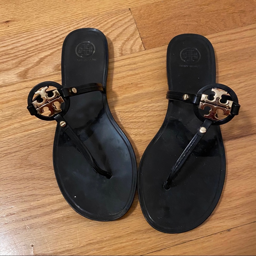 Tory Burch Black & Gold Logo Sandals - Size 8